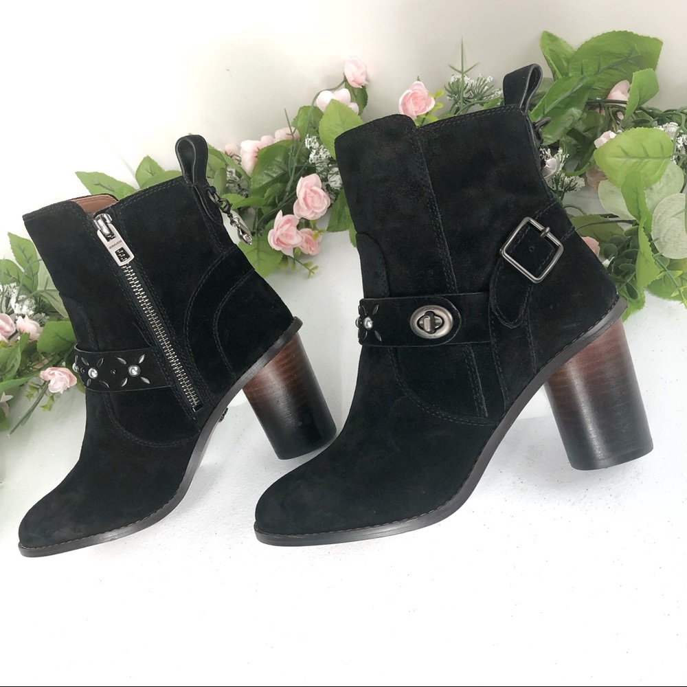 Coach black suede ankle boots floral stud size 5.5 - Picture 2 of 8